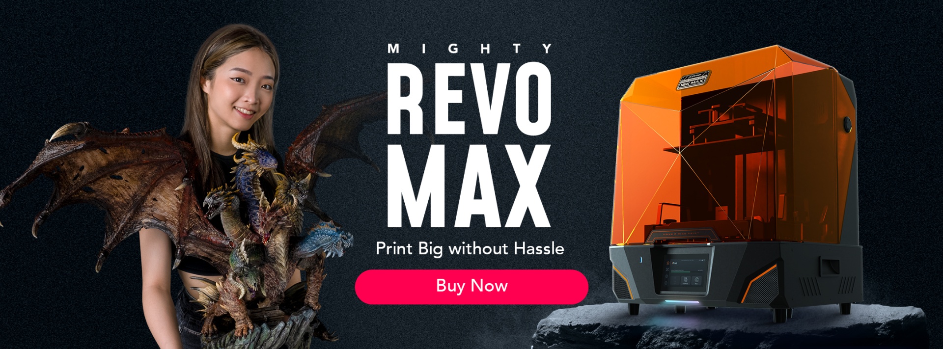 Promotional banner for the REVO MAX 3D printer. Early Bird pricing opens Sept. 22: MSRP $1,600, early-bird price $1,300, and $1,250 with a subscriber code. A woman holds detailed dragon models beside the orange-and-black printer, with a “Buy Now” button.